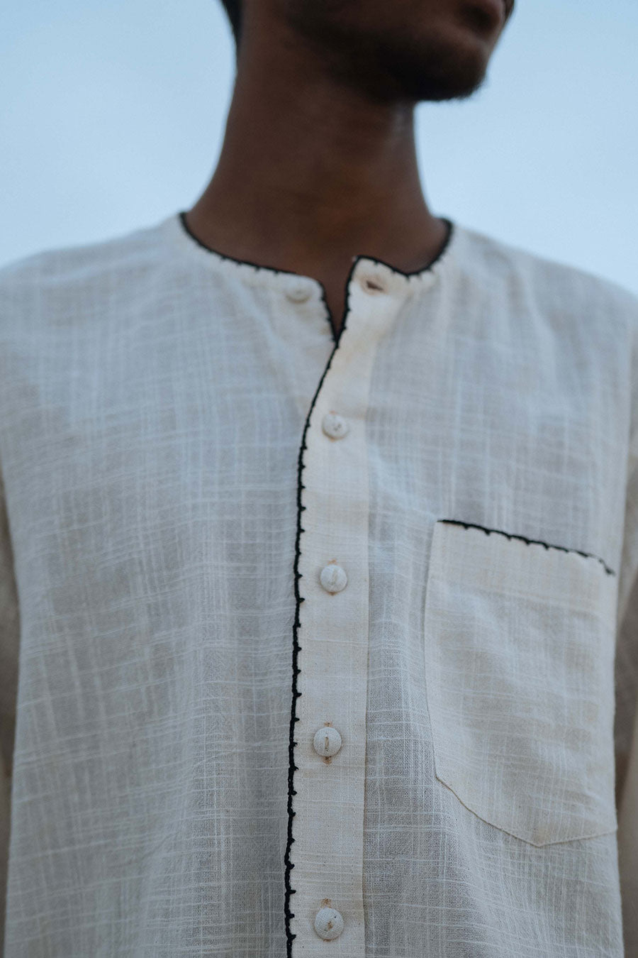 Beige Cotton Embroidered Crochet Borders Shirt