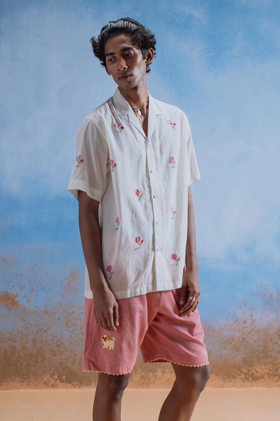 Beige Cotton Embroidered Rose Delight Shirt