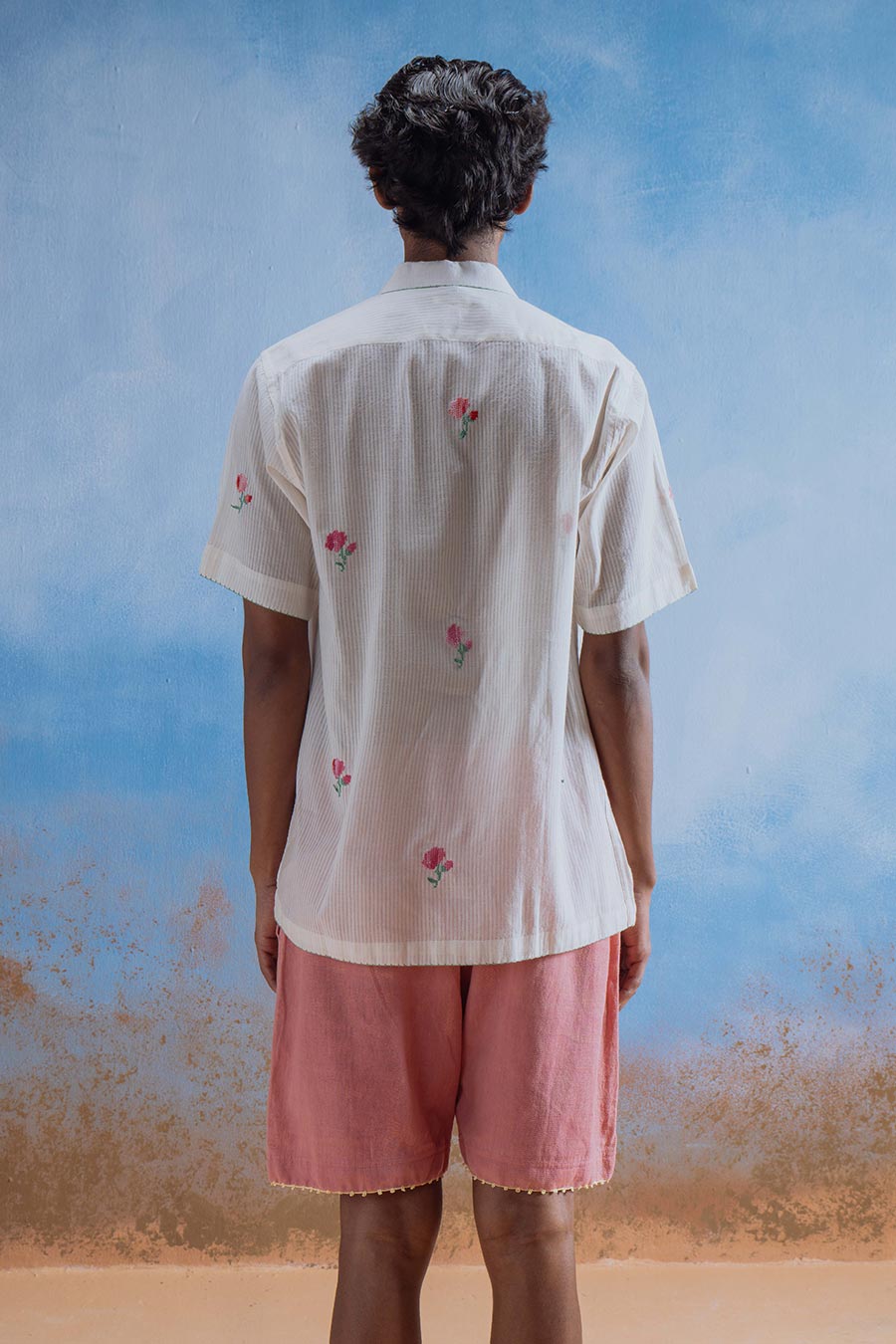 Beige Cotton Embroidered Rose Delight Shirt