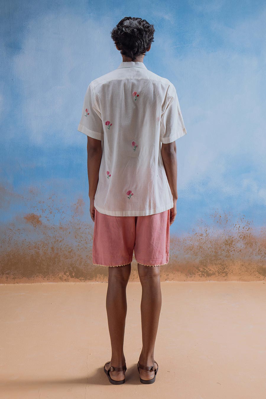 Beige Cotton Embroidered Rose Delight Shirt