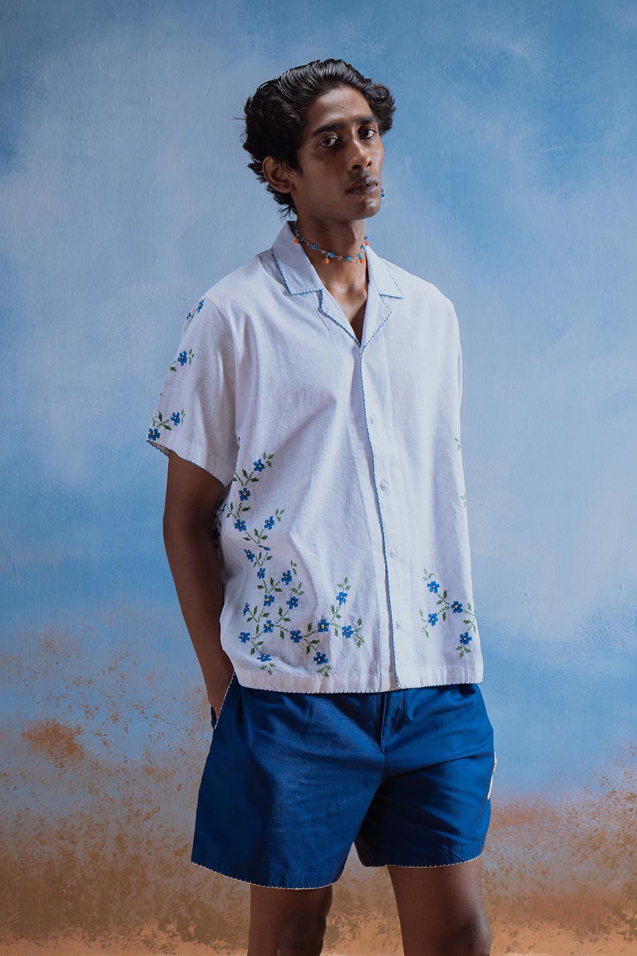 White Cotton Embroidered Blue Bloom Shirt