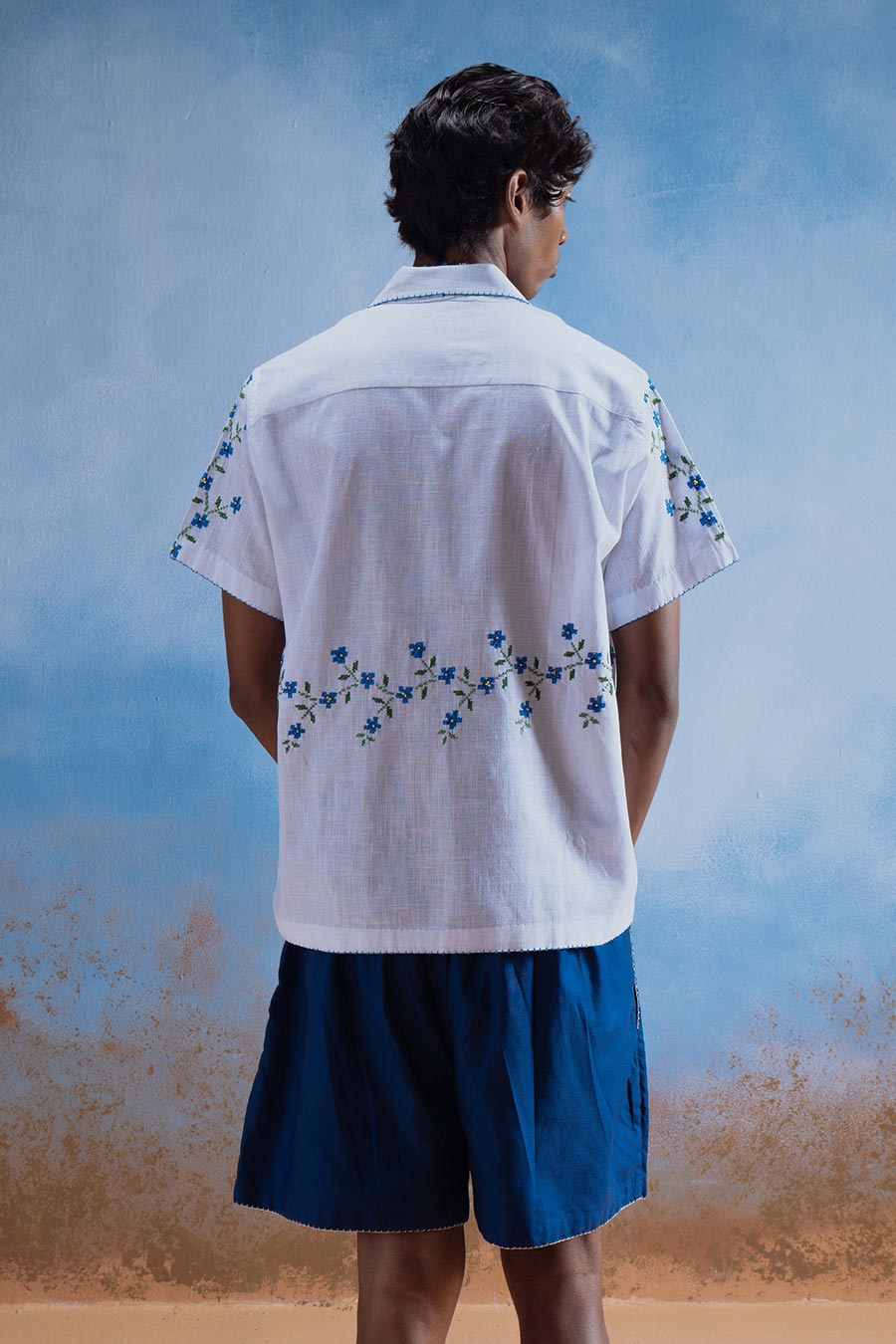 White Cotton Embroidered Blue Bloom Shirt