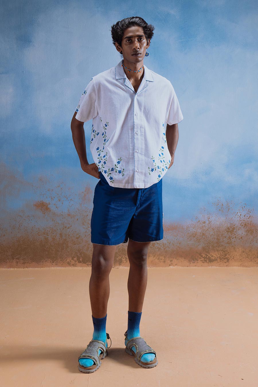 White Cotton Embroidered Blue Bloom Shirt