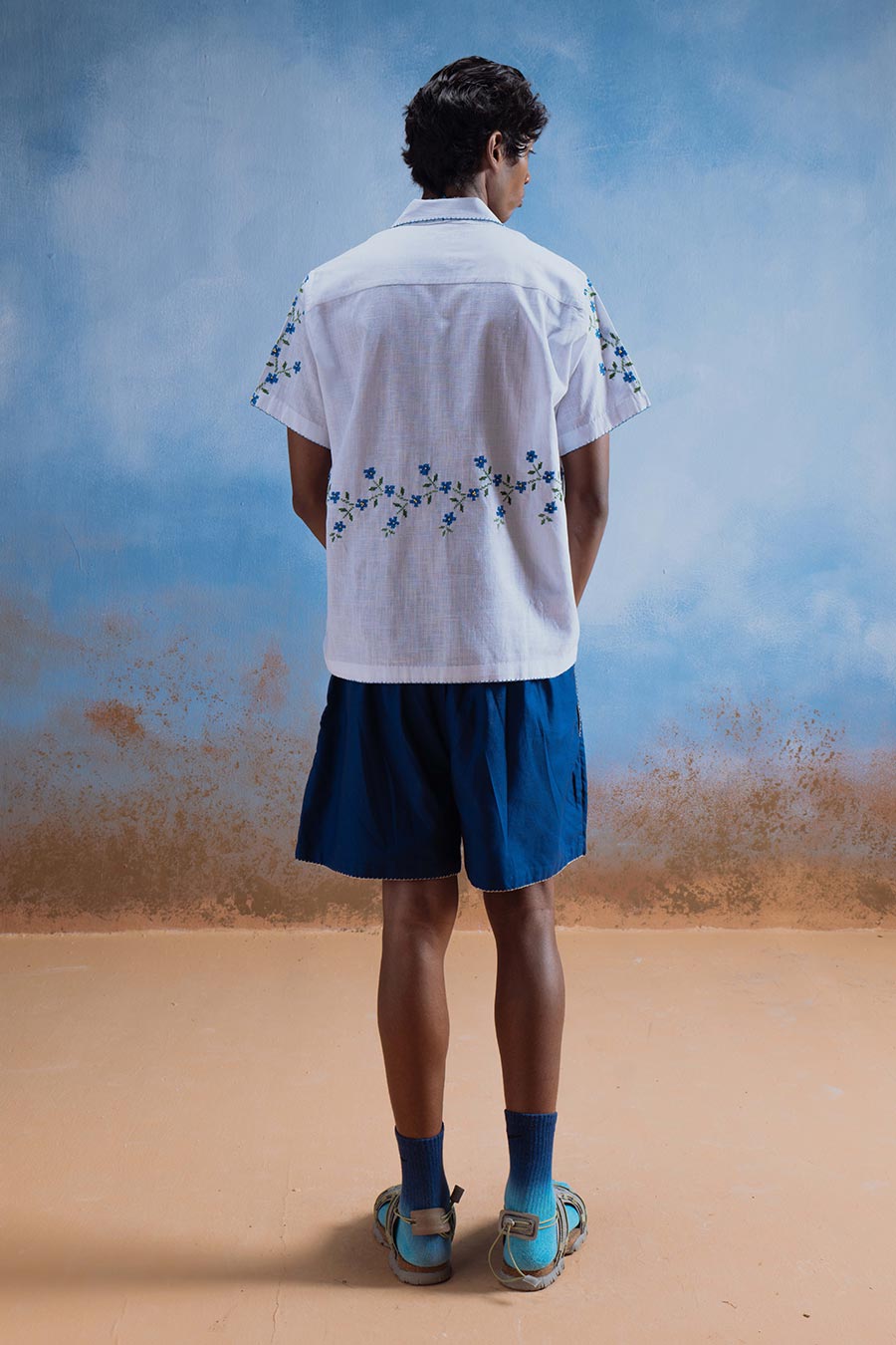 White Cotton Embroidered Blue Bloom Shirt