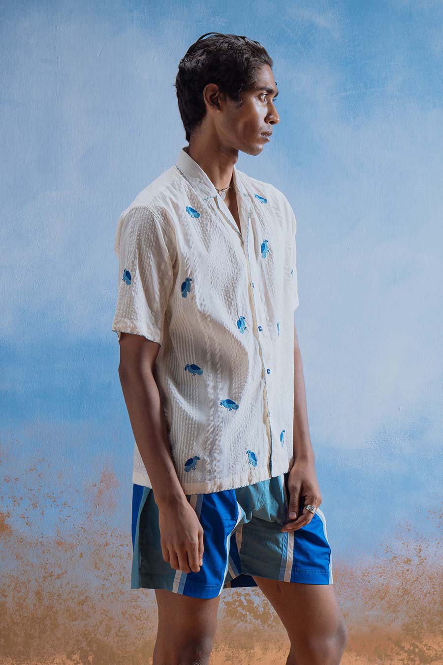 Beige Cotton Embroidered Sparrow Song Shirt