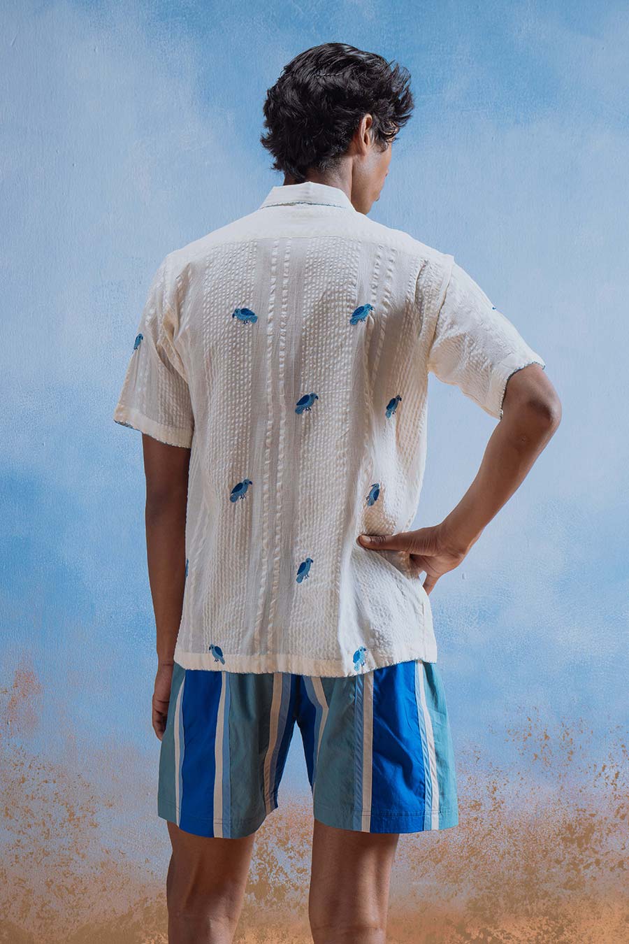 Beige Cotton Embroidered Sparrow Song Shirt