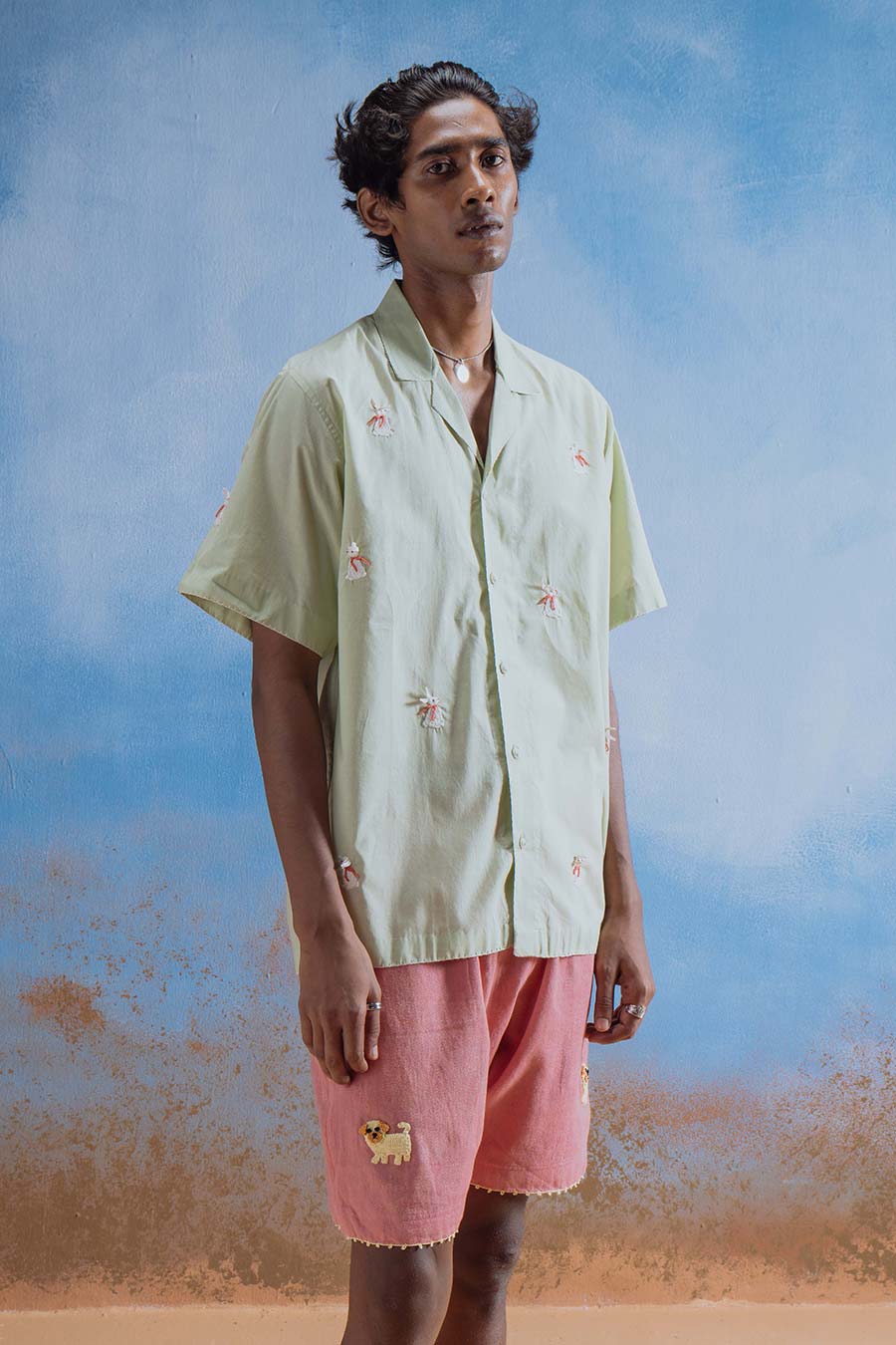 Olive Cotton Embroidered Playful Bunny Shirt