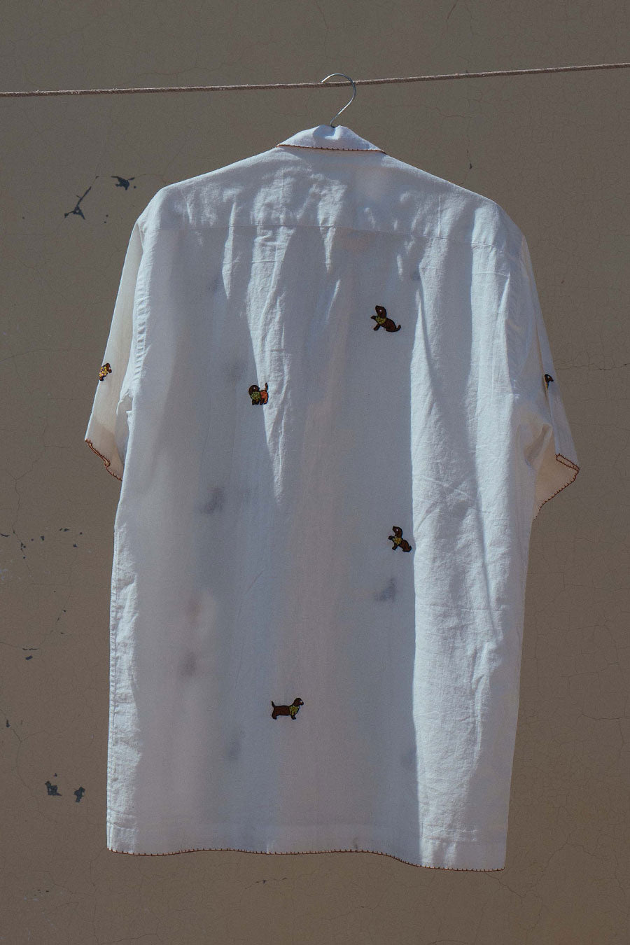 White Cotton Embroidered Playful Pup Shirt