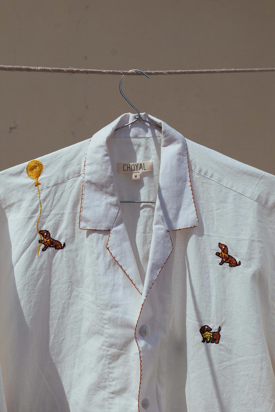 White Cotton Embroidered Playful Pup Shirt