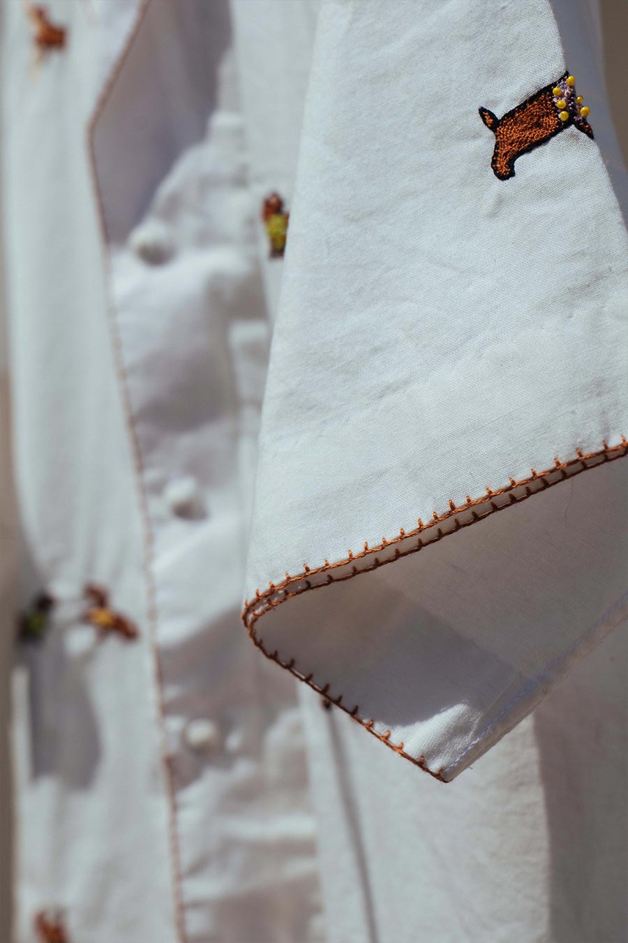 White Cotton Embroidered Playful Pup Shirt