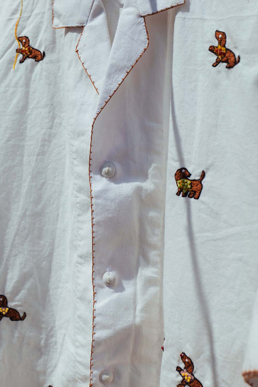 White Cotton Embroidered Playful Pup Shirt