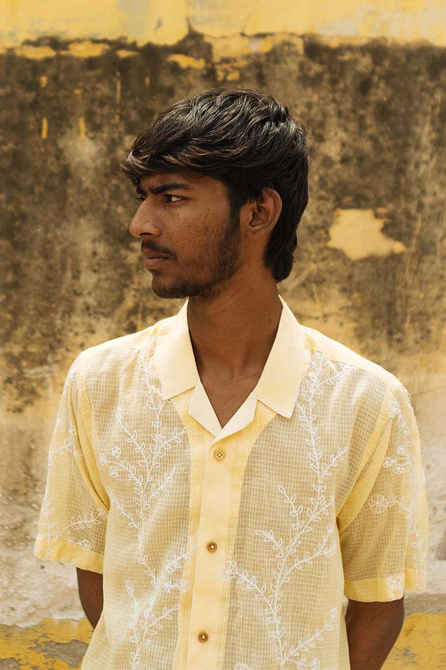 Yellow Cotton Embroidered Blooming Vine Shirt