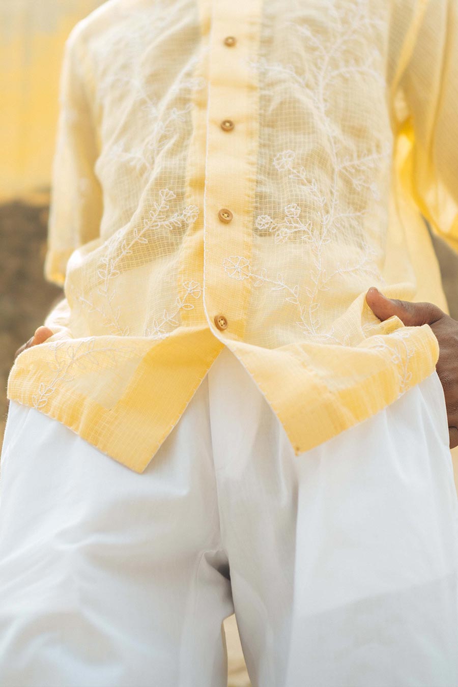 Yellow Cotton Embroidered Blooming Vine Shirt