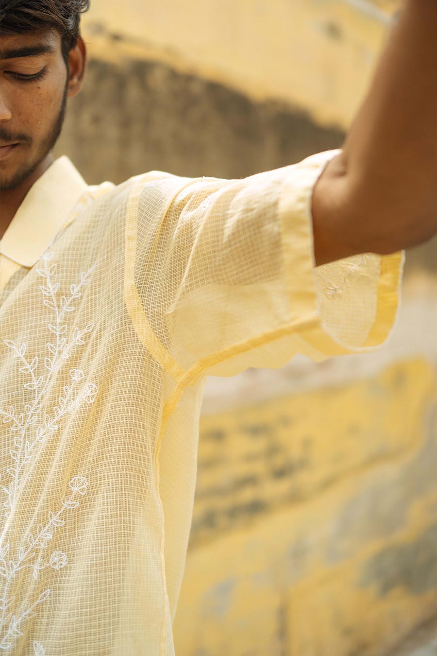 Yellow Cotton Embroidered Blooming Vine Shirt