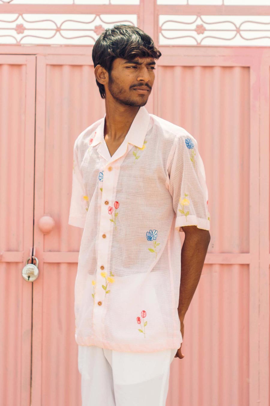 Pink Cotton Embroidered Botanic Bliss Shirt
