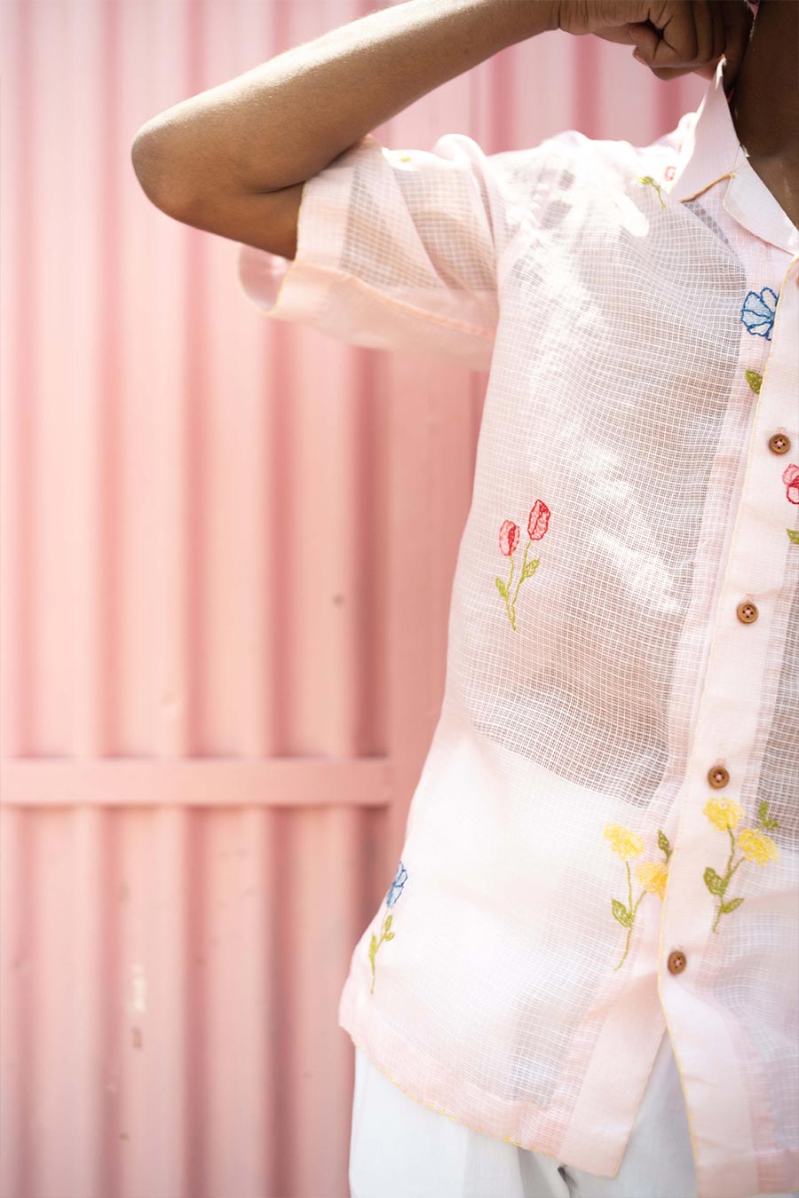 Pink Cotton Embroidered Botanic Bliss Shirt