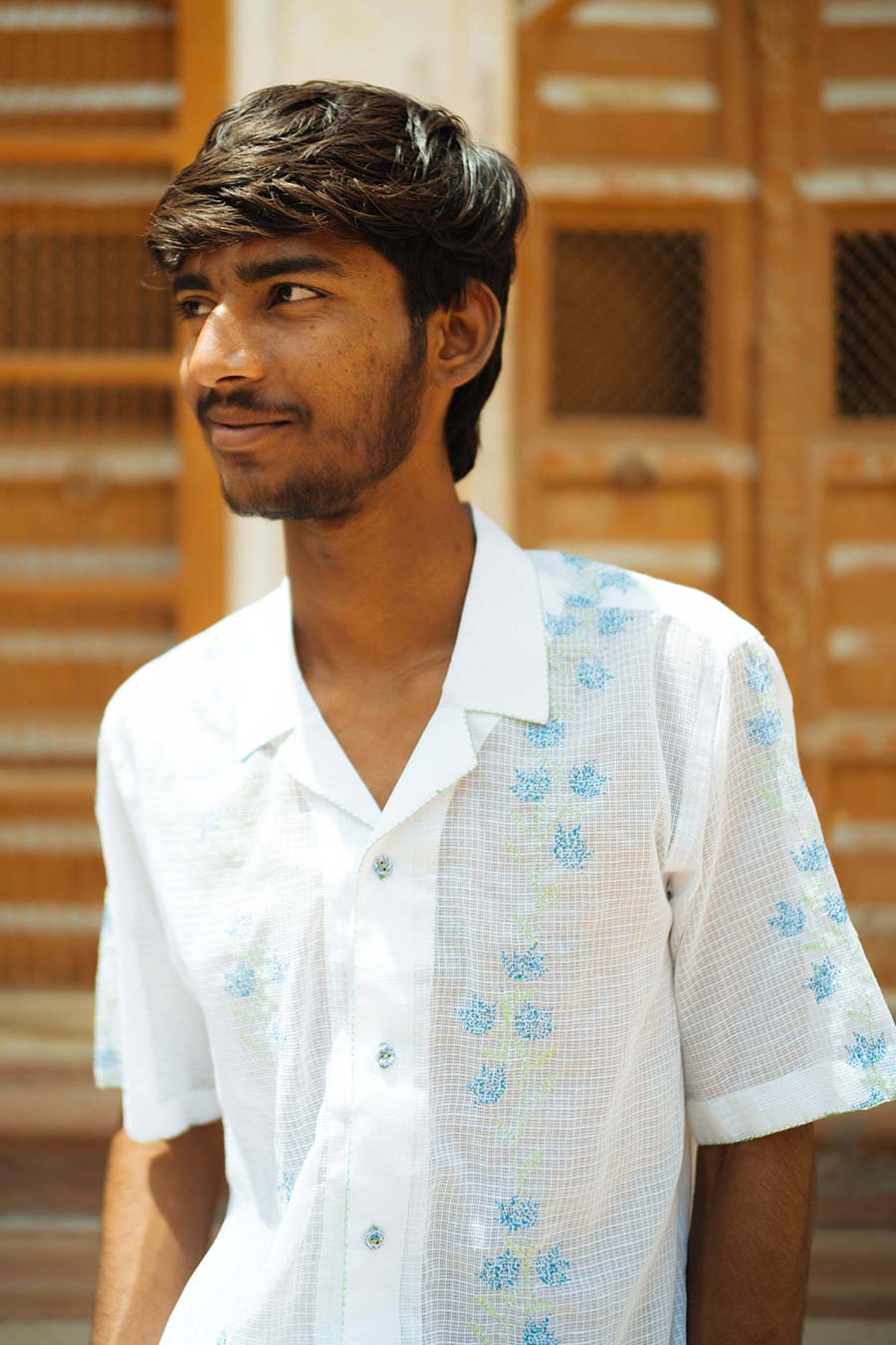 White Cotton Embroidered Flower Trail Shirt
