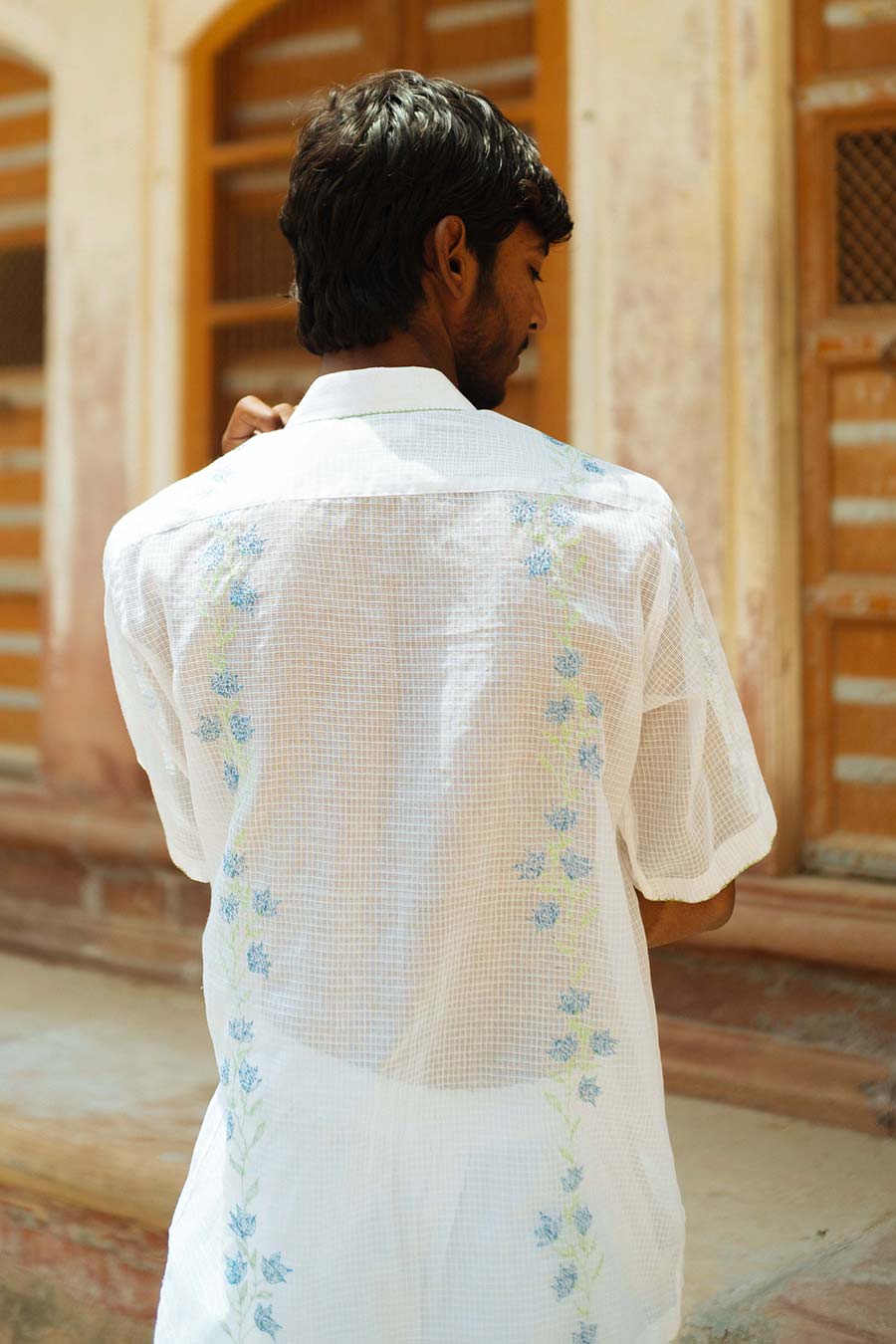 White Cotton Embroidered Flower Trail Shirt