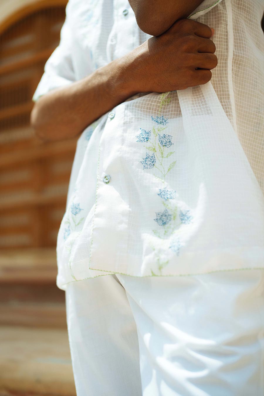 White Cotton Embroidered Flower Trail Shirt