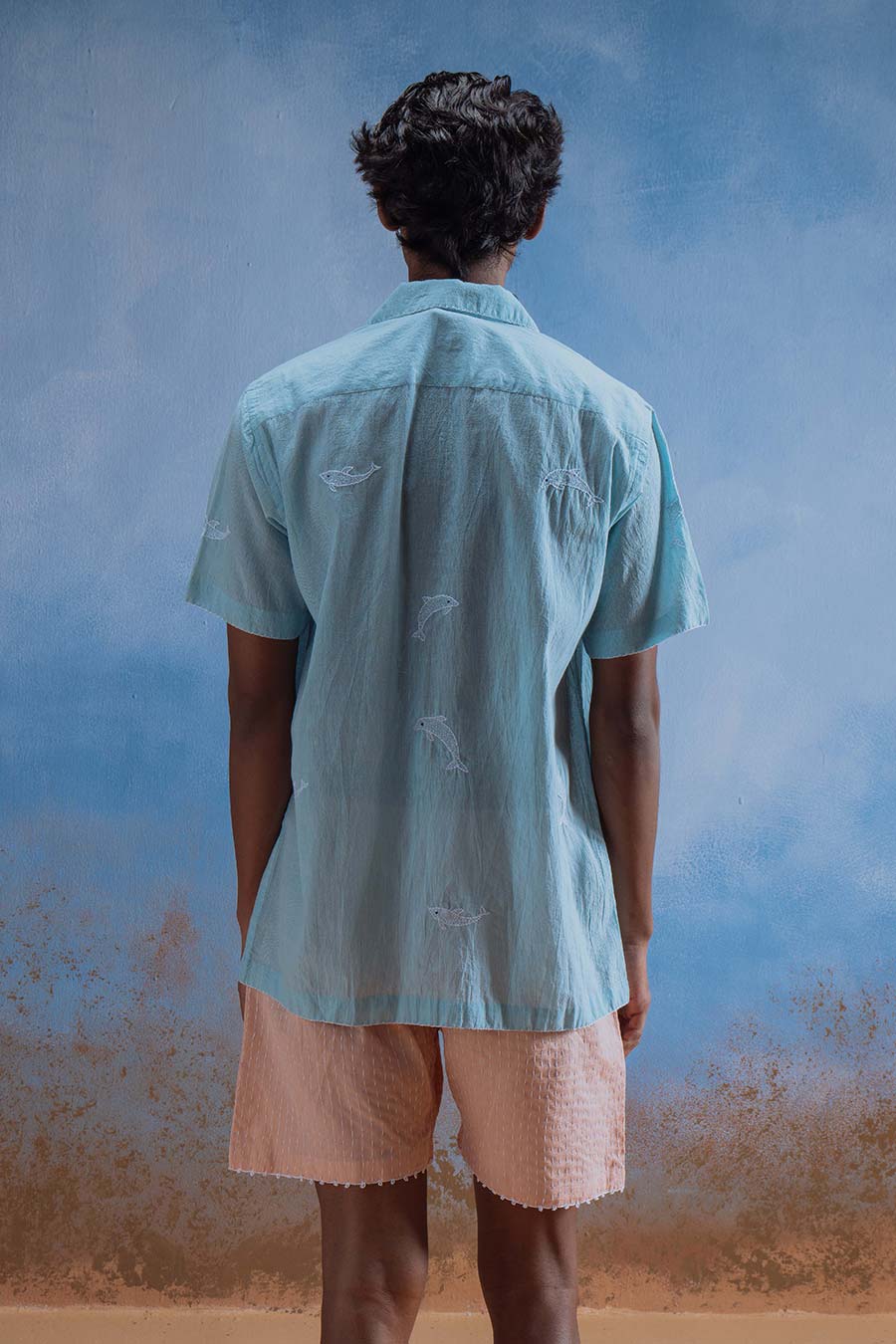Sky Blue Cotton Embroidered Fishy Love Shirt