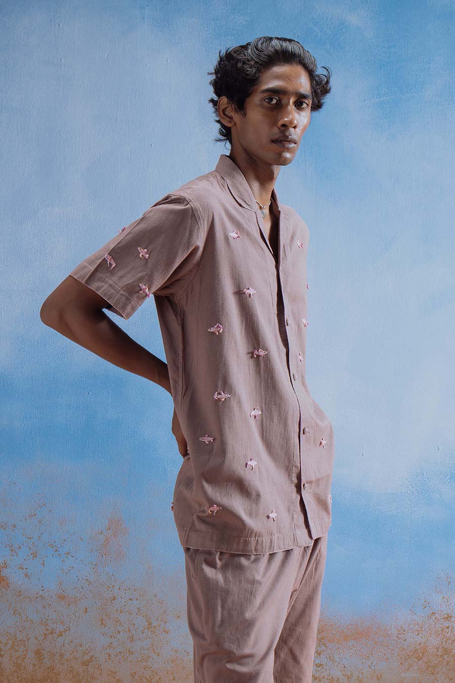 Brown Cotton Embroidered Tiny Fin Shirt