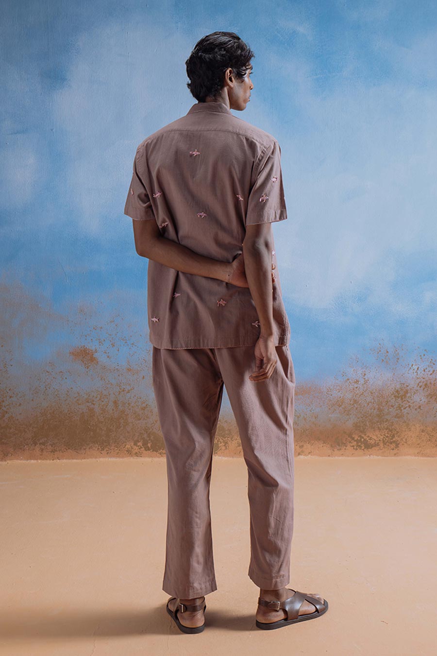 Brown Cotton Embroidered Tiny Fin Shirt