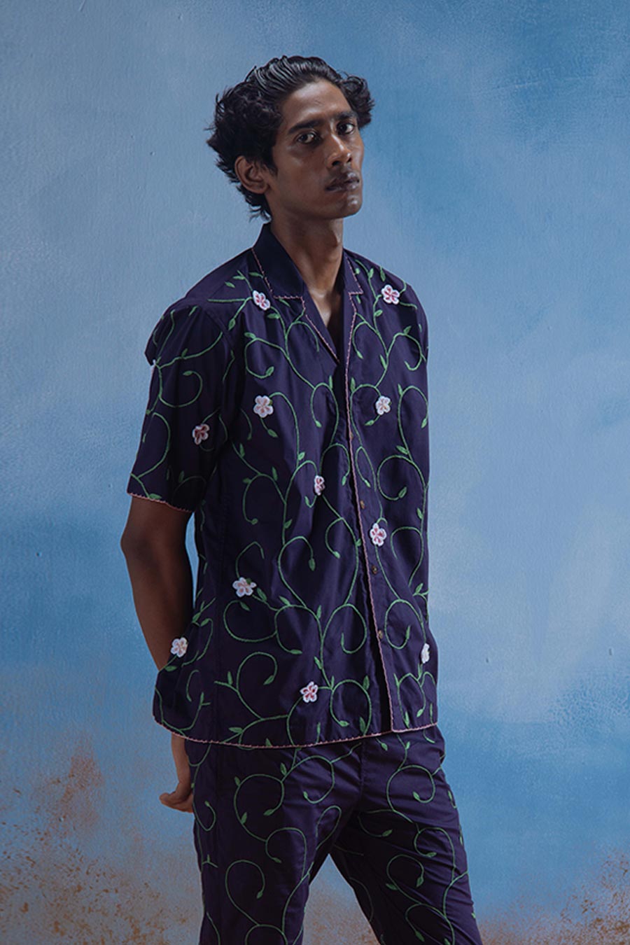 Navy Blue Cotton Embroidered Blue Garden Shirt