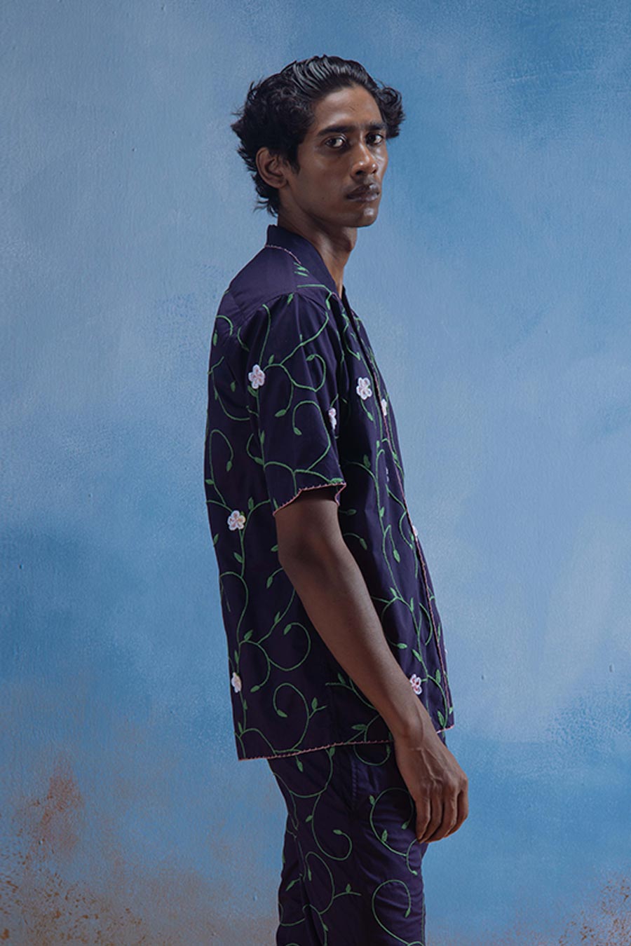 Navy Blue Cotton Embroidered Blue Garden Shirt