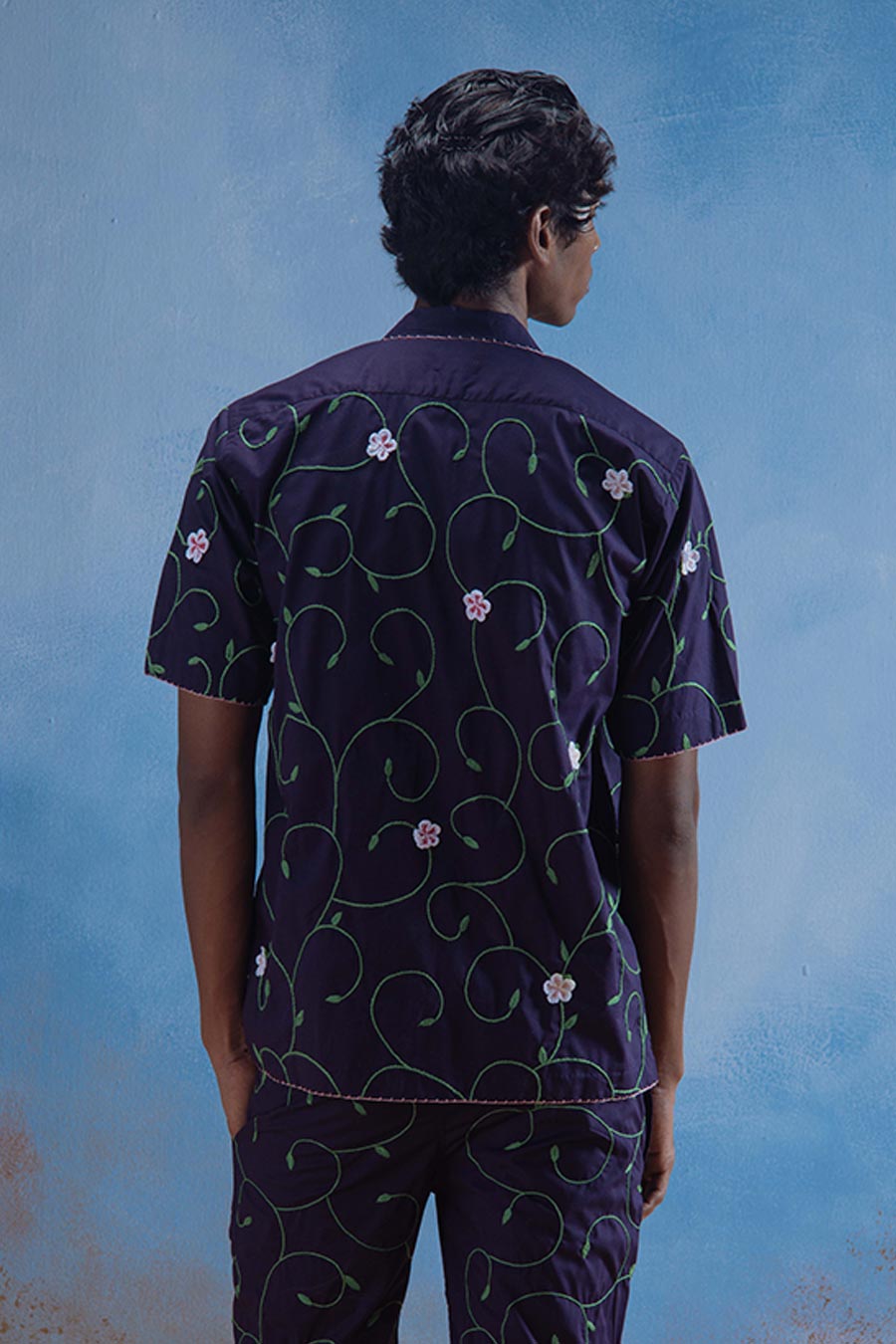 Navy Blue Cotton Embroidered Blue Garden Shirt