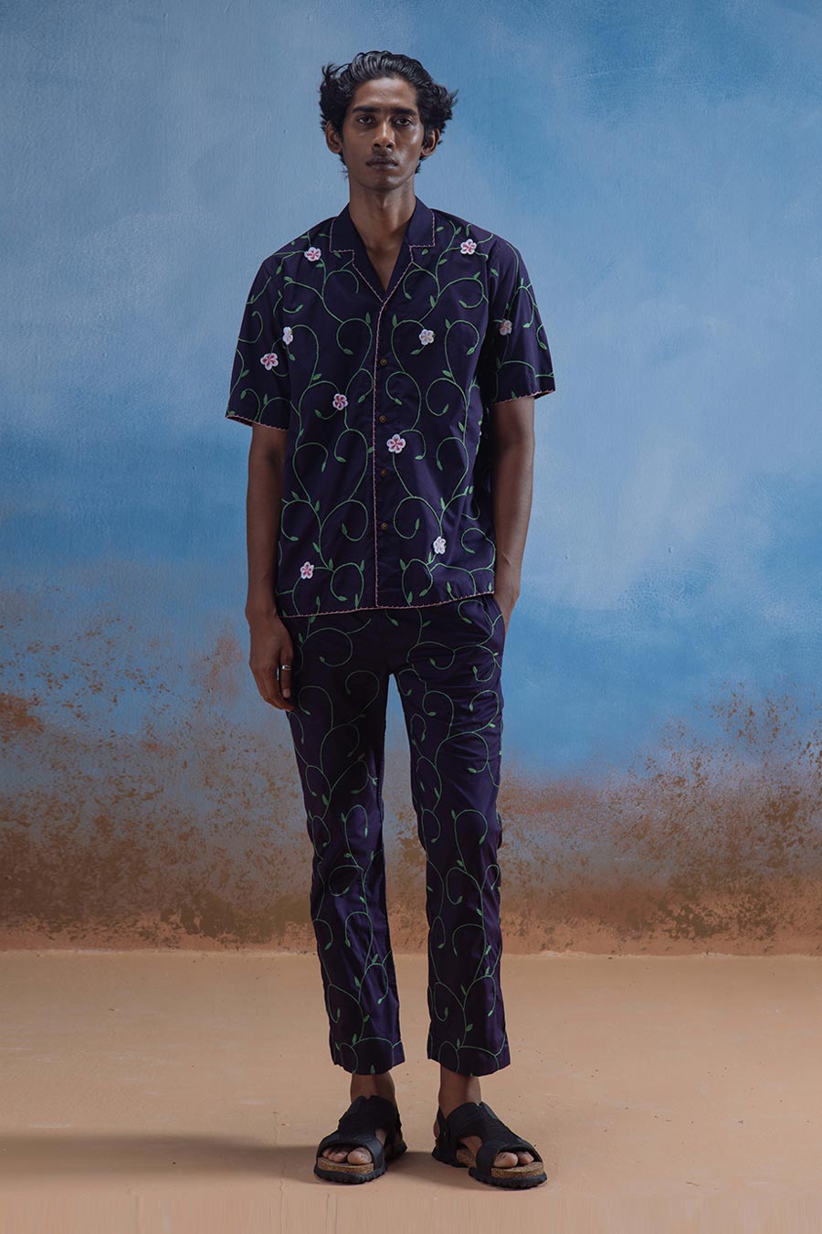 Navy Blue Cotton Embroidered Blue Garden Shirt