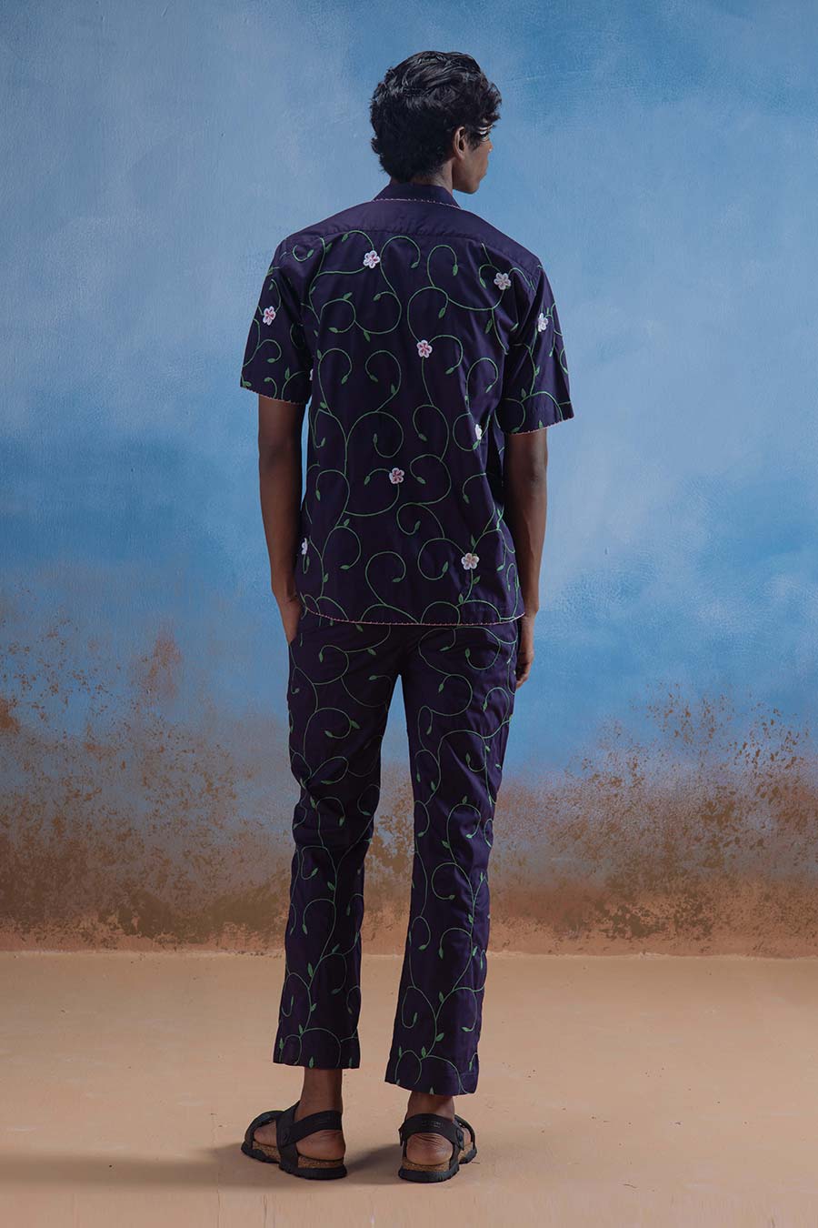 Navy Blue Cotton Embroidered Blue Garden Shirt