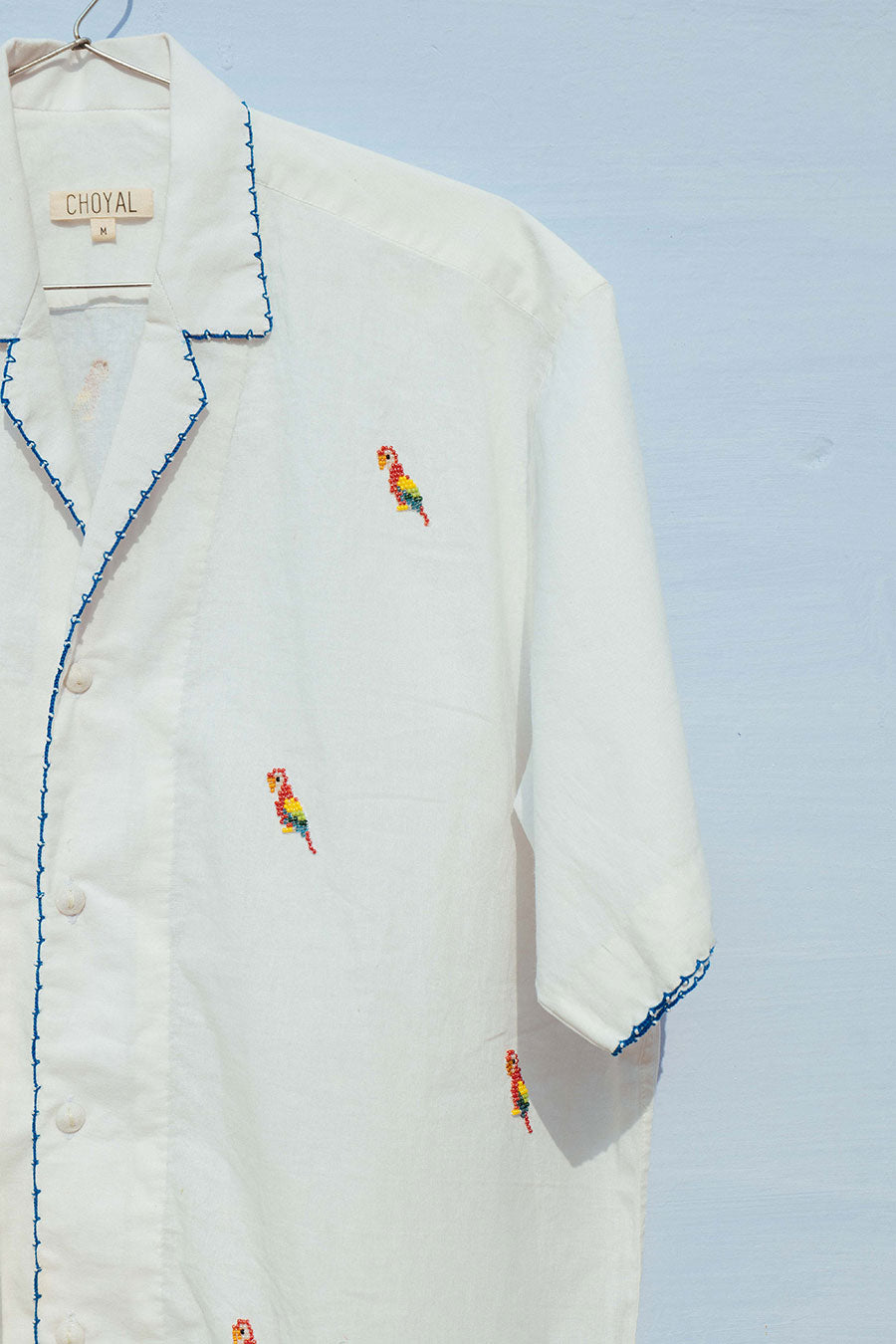 Off-White Cotton Embroidered Parrot Carnival Shirt