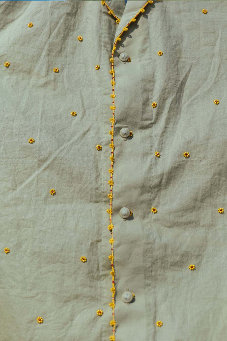 Olive Cotton Embroidered Sunshine Blooms Shirt