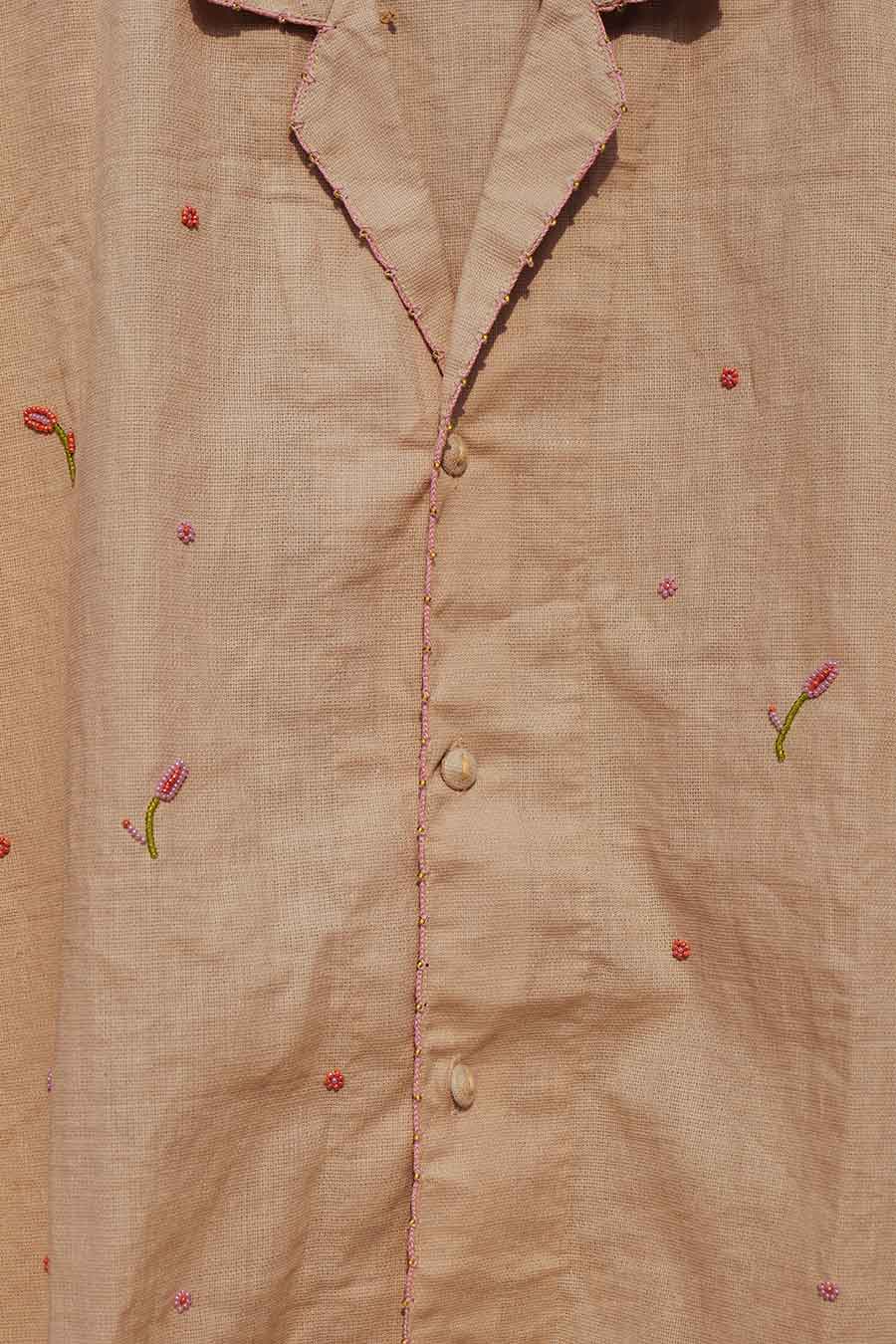 Brown Cotton Embroidered Beaded Bloom Shirt