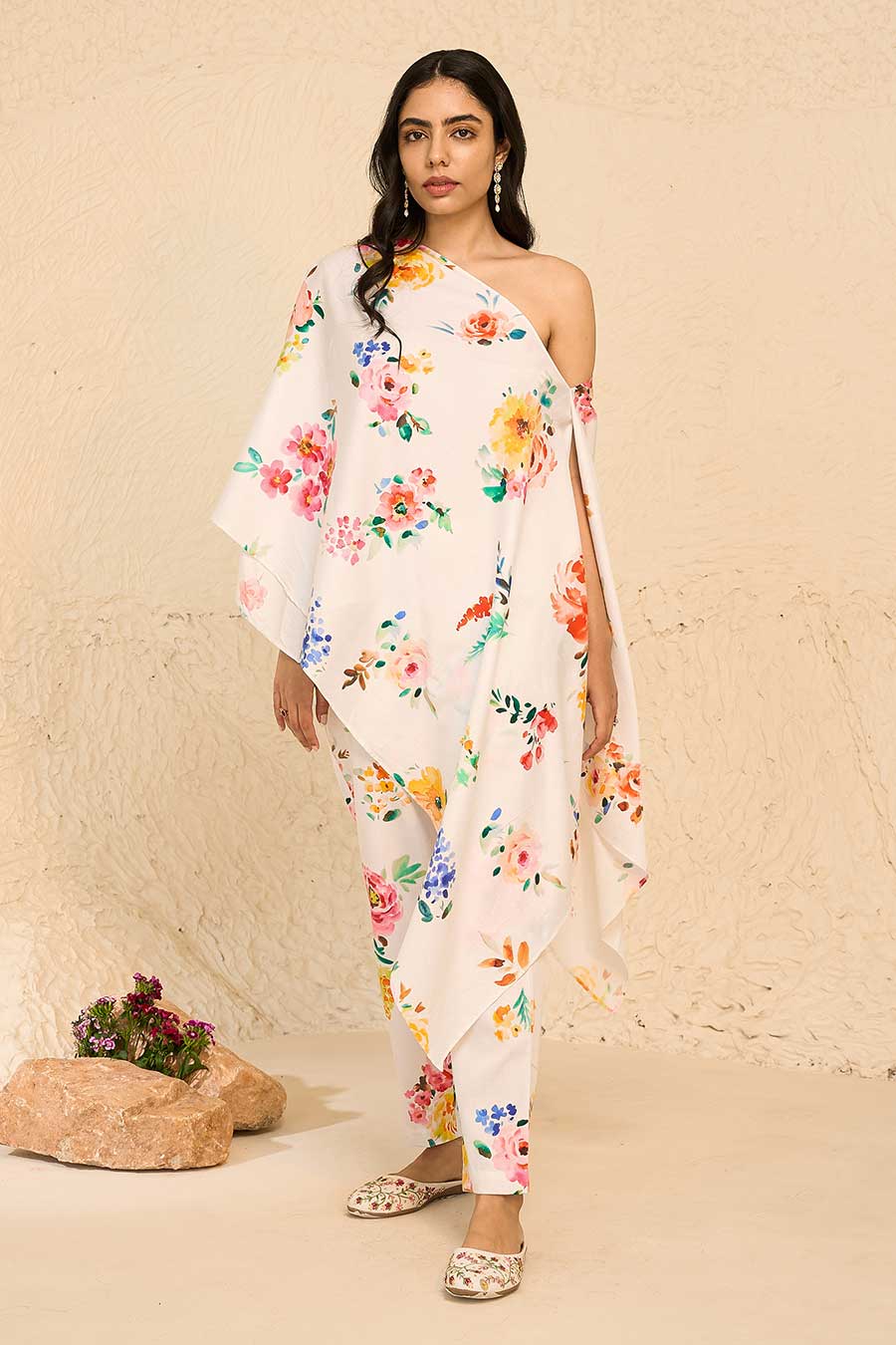 Tropical White Printed Kaftan & Pant Co-Ord Set