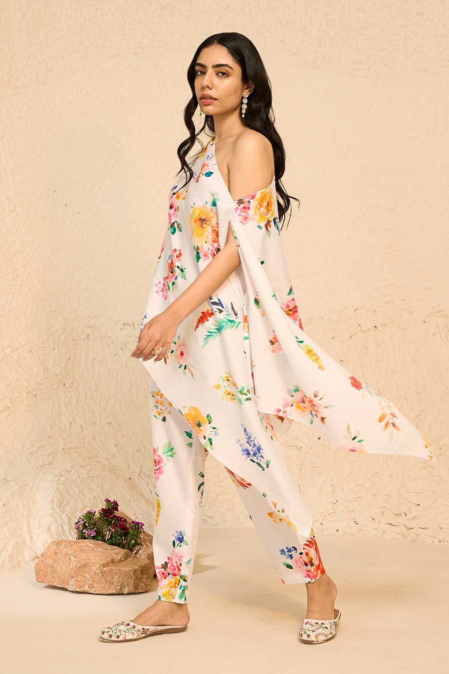 Tropical White Printed Kaftan & Pant Co-Ord Set