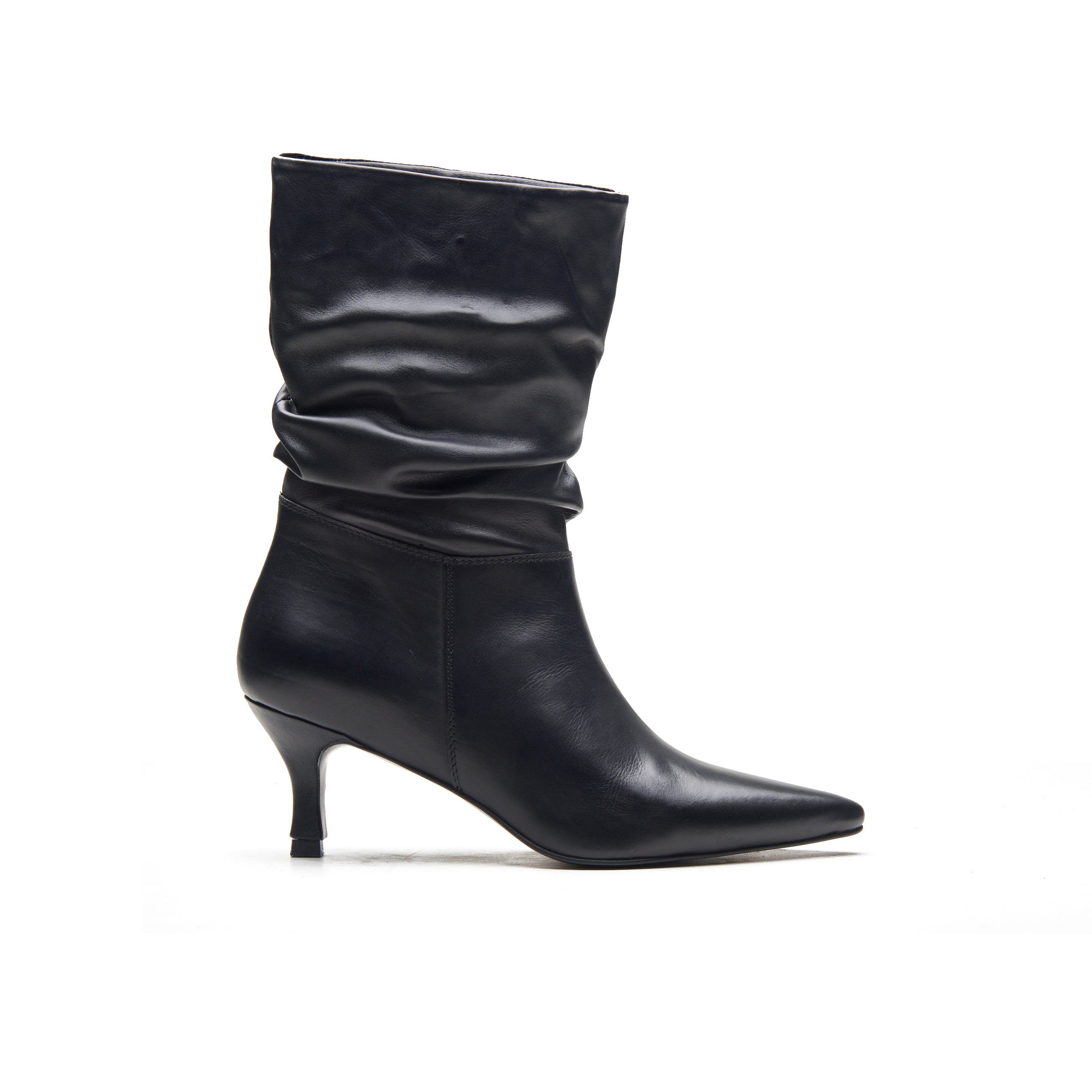 Black Kitten Heel Ruched Boots
