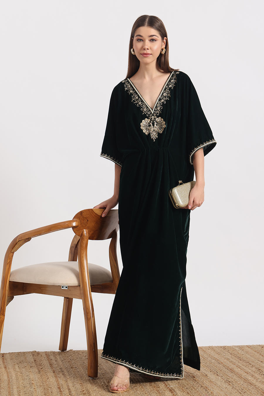 Bottle Green Peacock Embroidered Kaftan