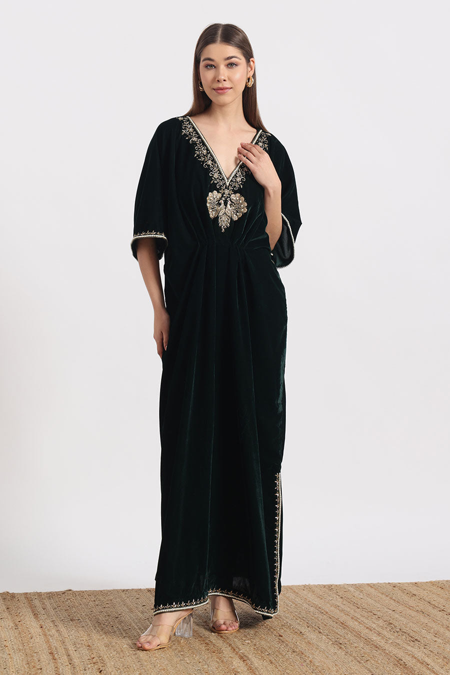 Bottle Green Peacock Embroidered Kaftan