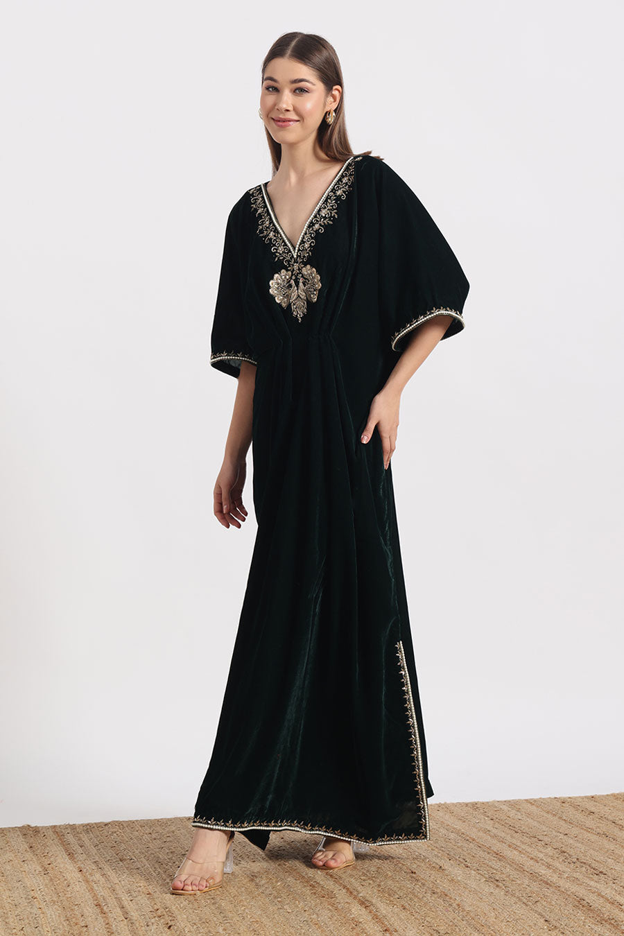 Bottle Green Peacock Embroidered Kaftan