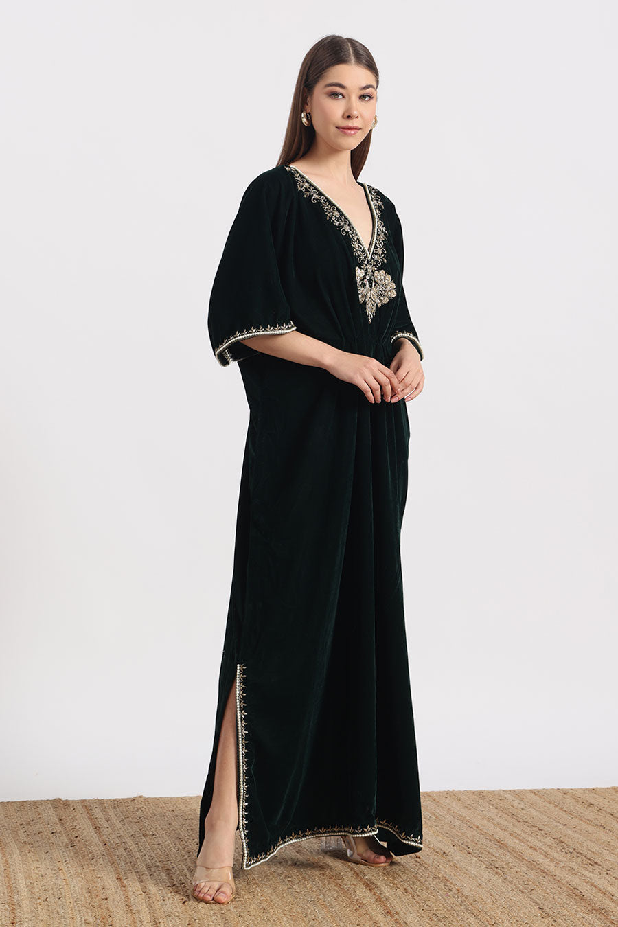 Bottle Green Peacock Embroidered Kaftan