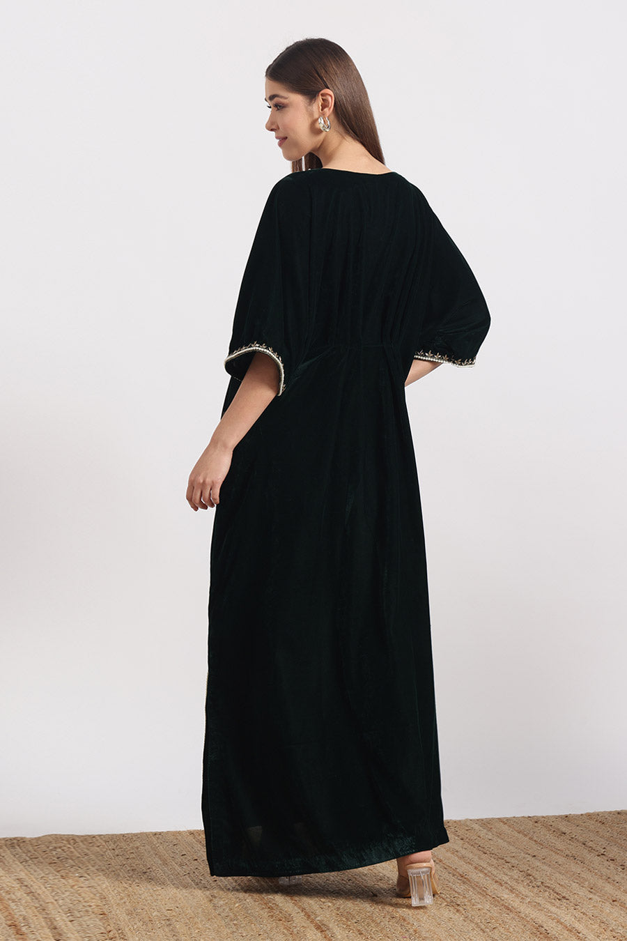 Bottle Green Peacock Embroidered Kaftan