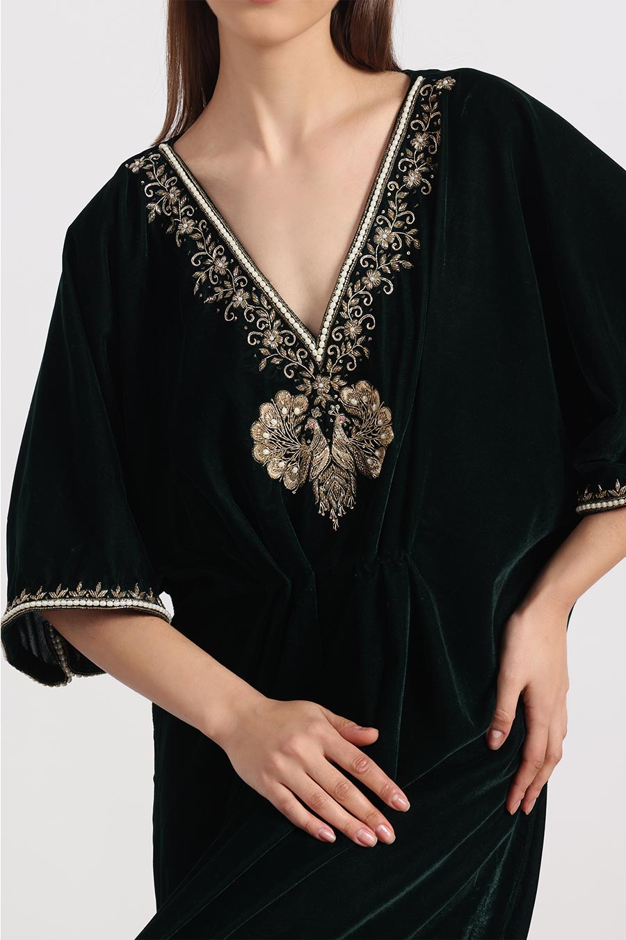 Bottle Green Peacock Embroidered Kaftan