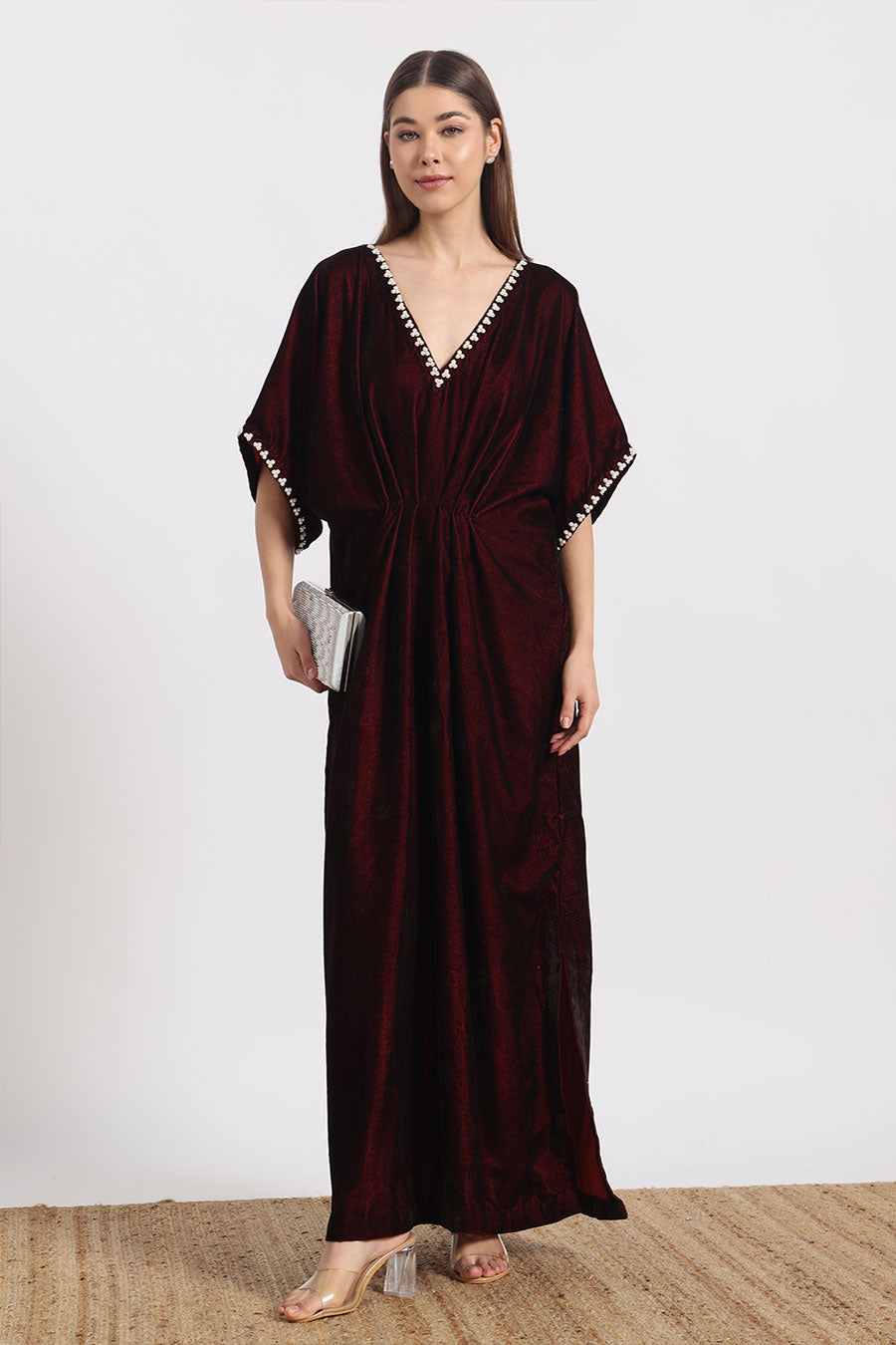 Maroon Embellished Neck Kaftan