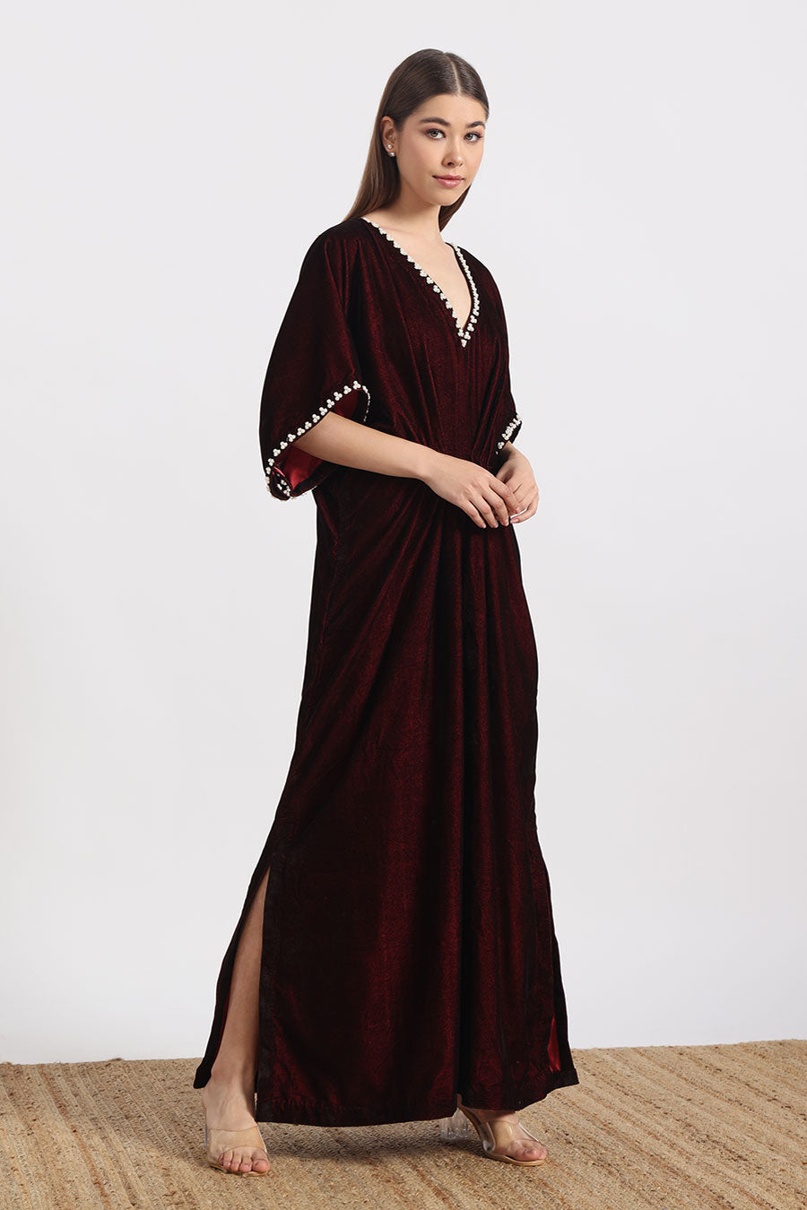Maroon Embellished Neck Kaftan