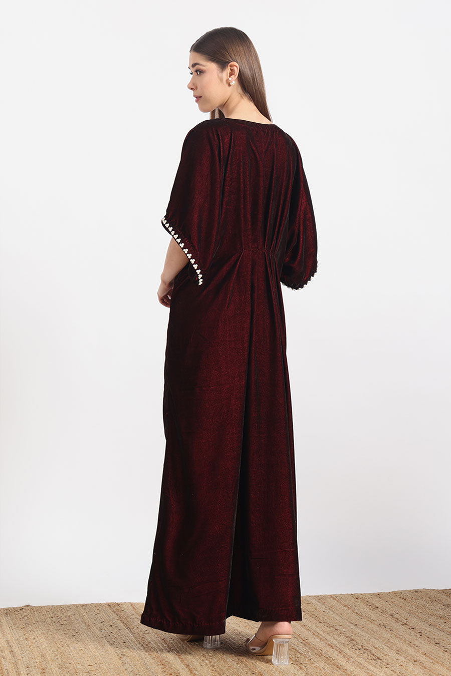 Maroon Embellished Neck Kaftan
