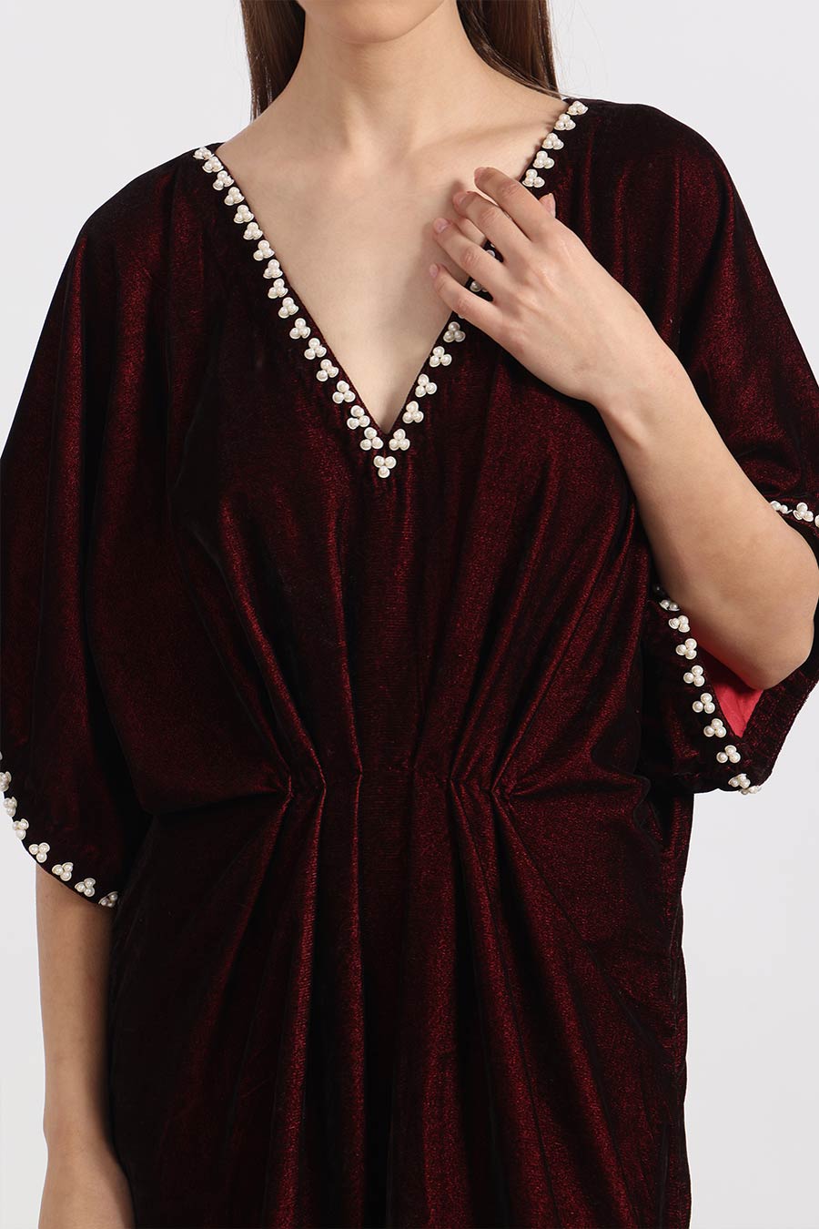 Maroon Embellished Neck Kaftan