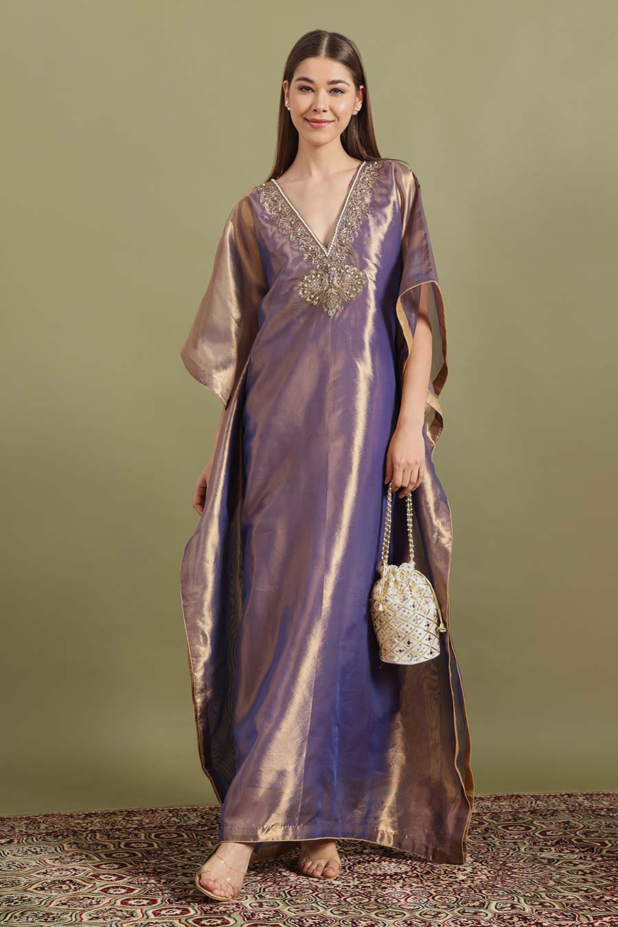 Purple Gold Peacock Embroidered Kaftan