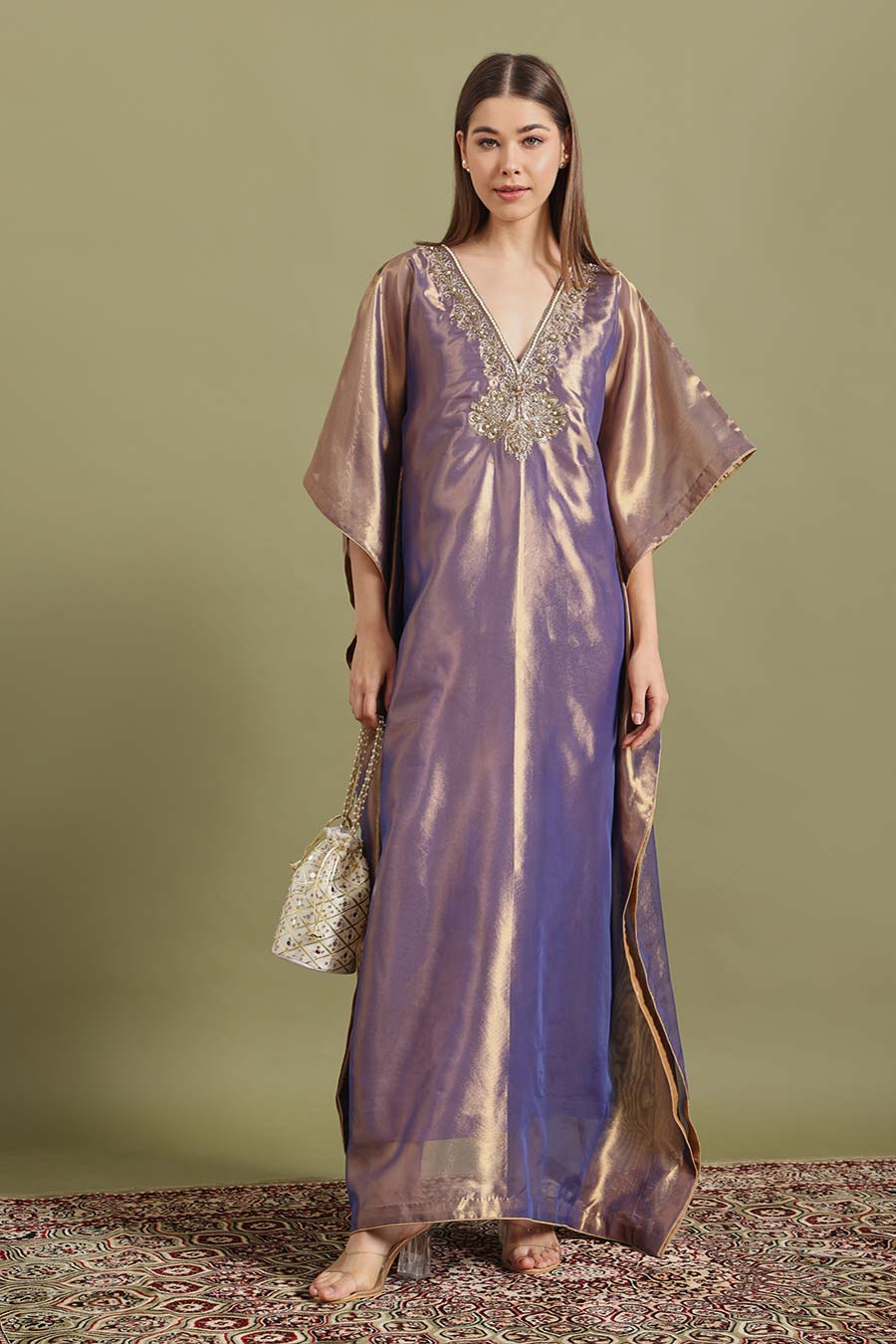 Purple Gold Peacock Embroidered Kaftan