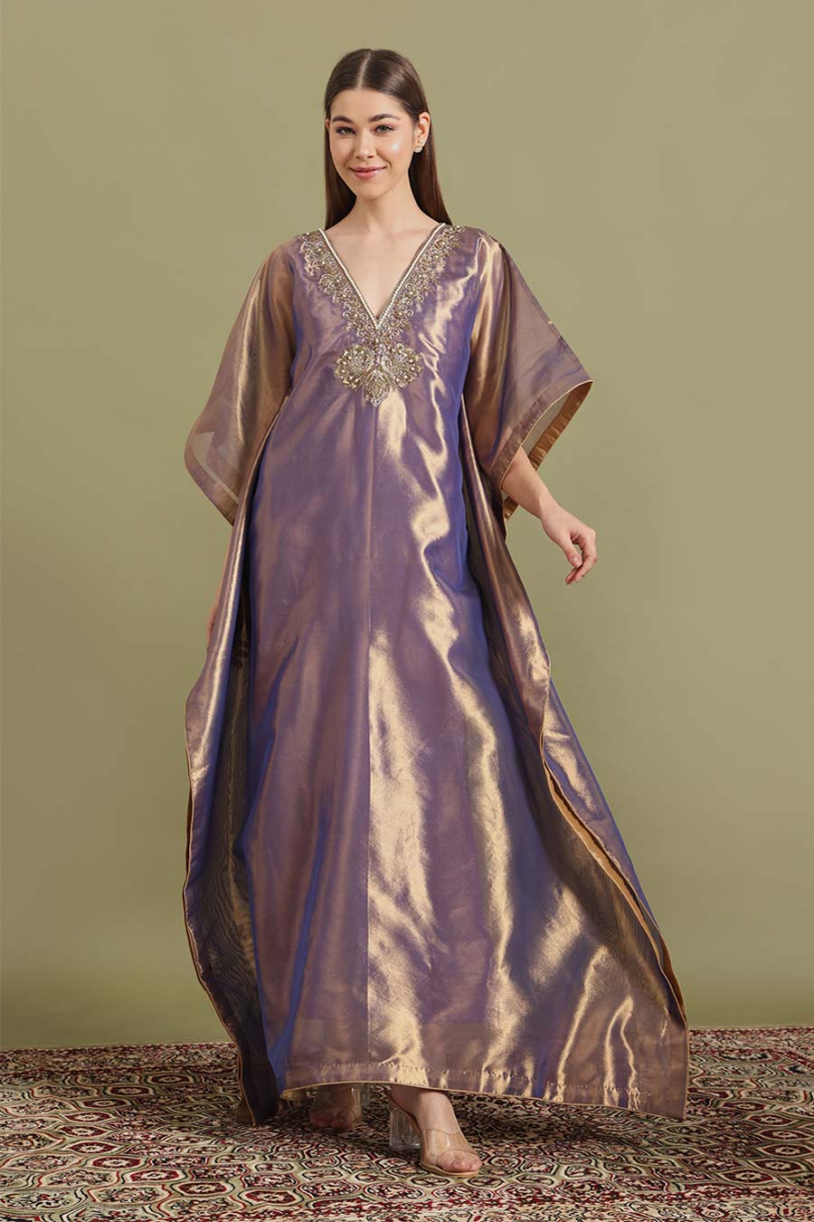 Purple Gold Peacock Embroidered Kaftan